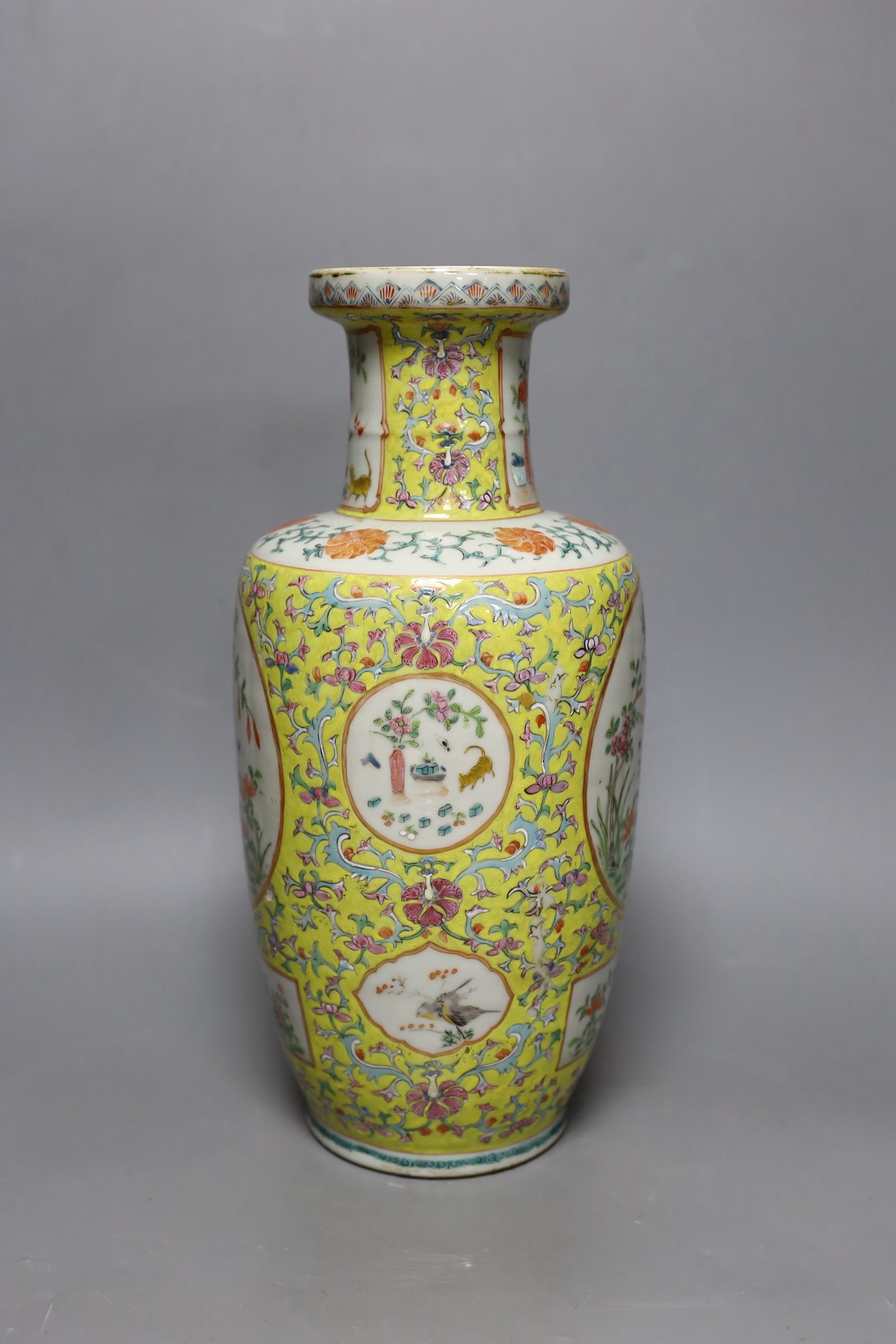 A 19th century Chinese yellow ground vase, base lacking, 36cm